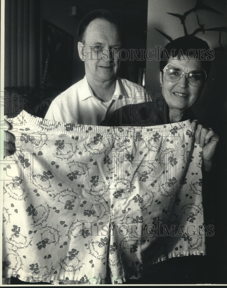 1991 Shirley and Edward Boyle display Valentine boxer shorts - Historic Images