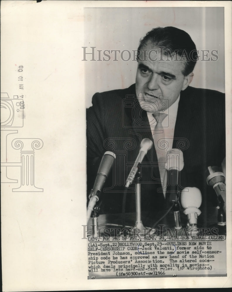 1966 Press Photo Jack Valenti Speaks About New Movie Self-Censorship Code - Historic Images