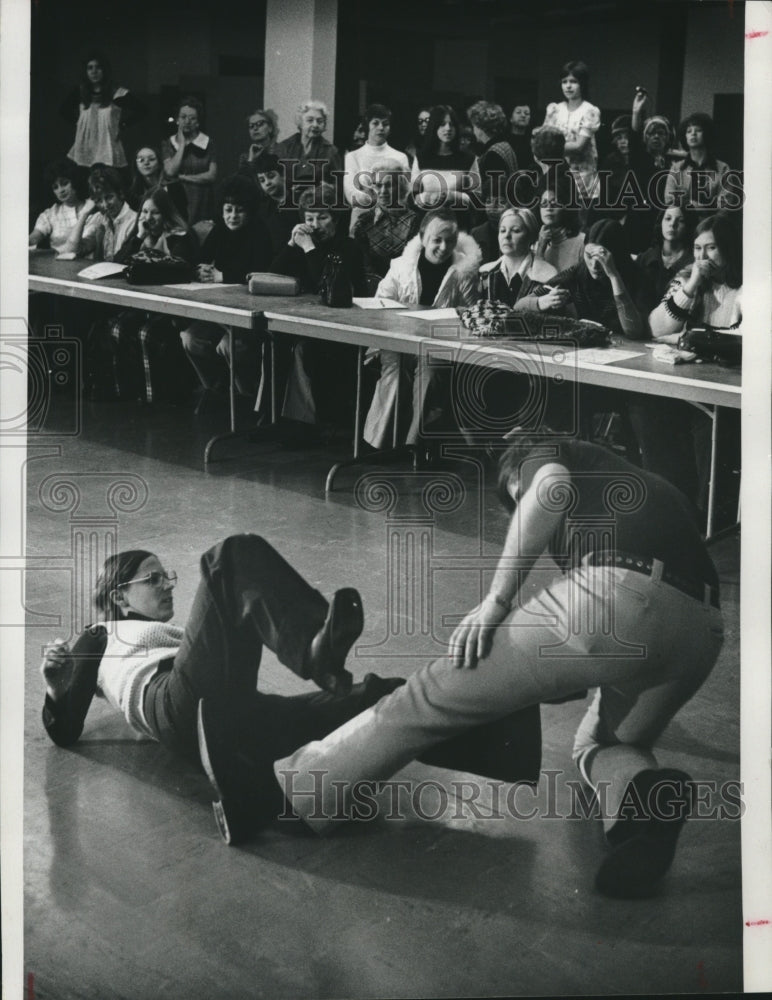 1974, Linda Johnson demonstrates at self defense clinic - mjc20473 - Historic Images
