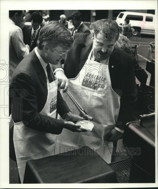 1990 County Executive David Schulz & Tom Schrader cooking, Wisconsin - Historic Images