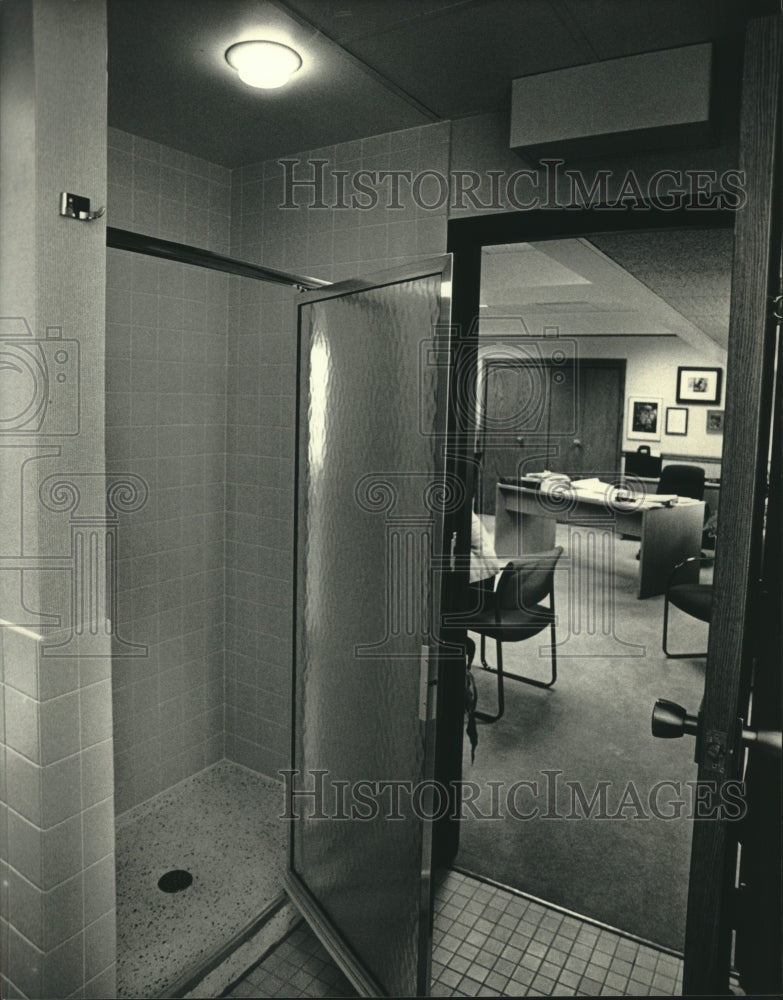1988, Private shower in County Budget Administrator office, Wisconsin - Historic Images
