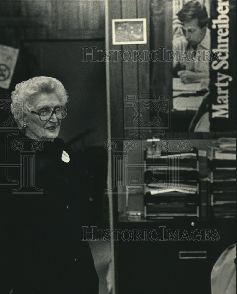 1988, Emeline Schreiber looks over her son&#39;s campaign headquarters - Historic Images