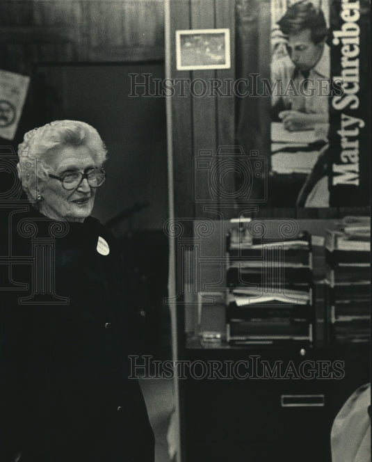 1988, Emeline Schreiber looks over her son's campaign headquarters - Historic Images