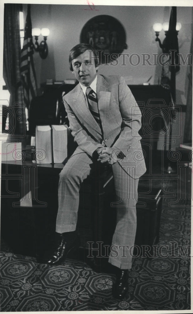 1977, Lt. Governor Martin J. Schreiber sitting in office, Wisconsin - Historic Images