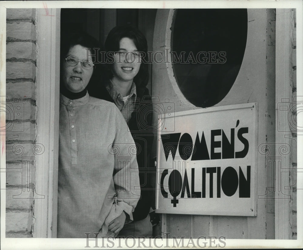1979 Cheryl Kader, Judy Selle, at door, Women's Coalition office - Historic Images