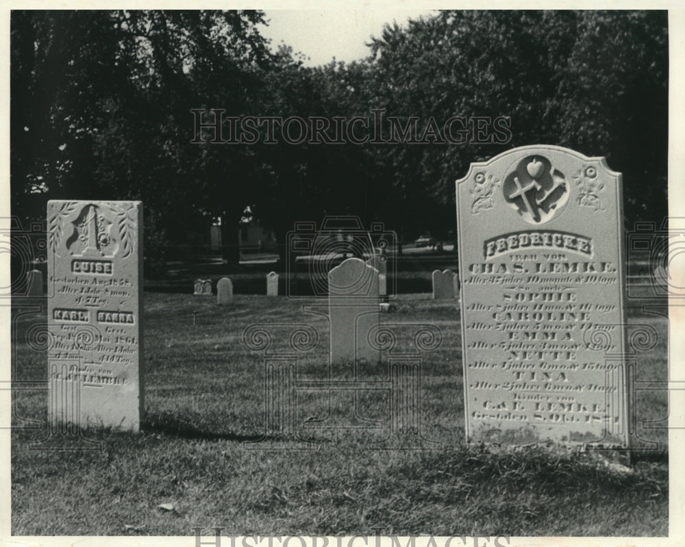 1971 Press Photo Tombstones at Peshtigo, Wisconsin show deaths in Lemke family - Historic Images