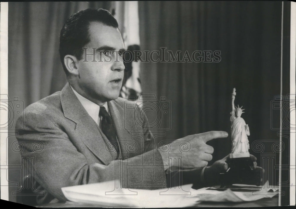 1953, Vice-President Nixon speaking at a radio-television report - Historic Images