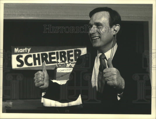 1988, Marty Schreiber Gives Thumbs Up In Television Interview - Historic Images