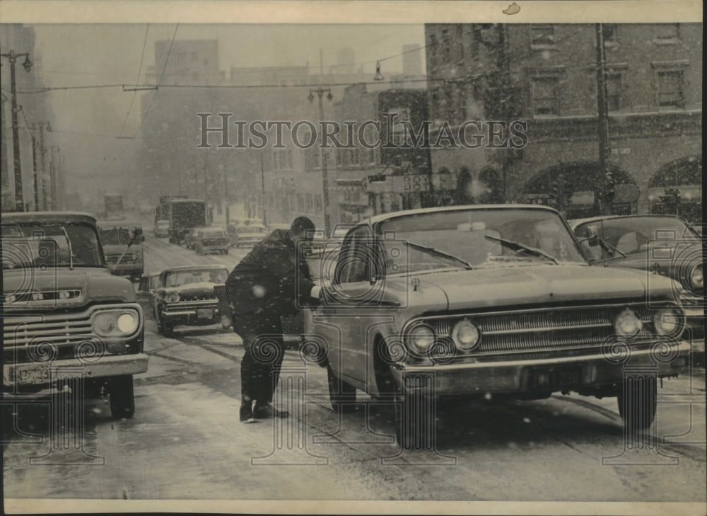 1960, Milwaukee Snow Fall-Automobile Passenger Pushes Car Up A Hill - Historic Images
