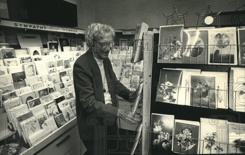 1991, Gertrude Schroeder at her store in Schroeder Printing building - Historic Images