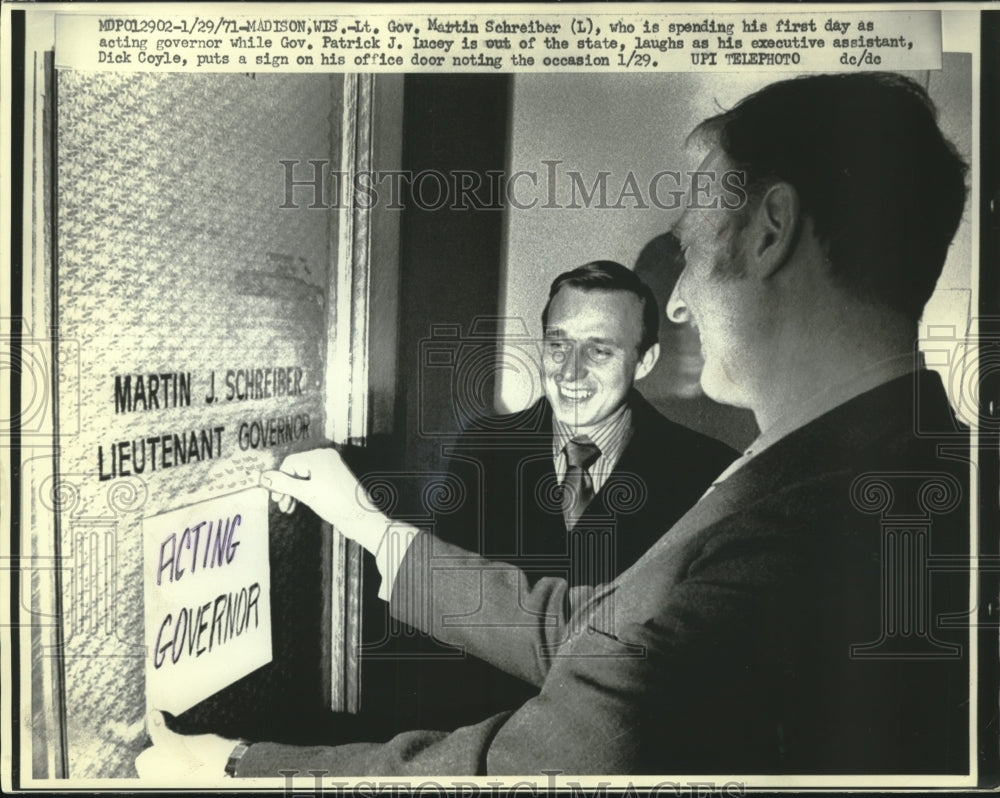 1971, Lt. Gov. Martin Schreiber, Dick Coyle laugh at door sign, WI. - Historic Images