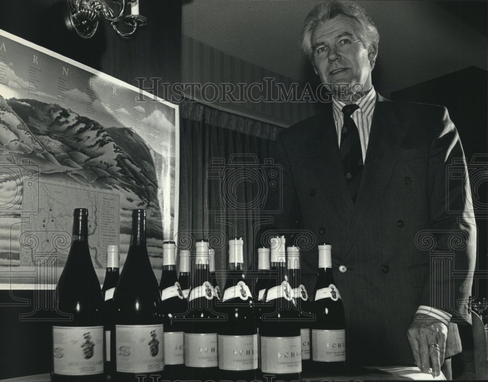 1993, Walter Schug and his various wines from his California winery - Historic Images