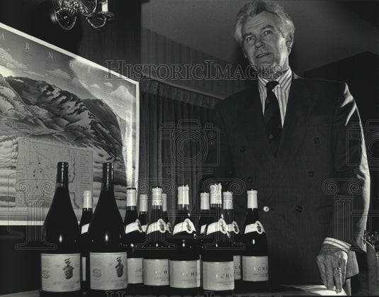 1993, Walter Schug and his various wines from his California winery - Historic Images