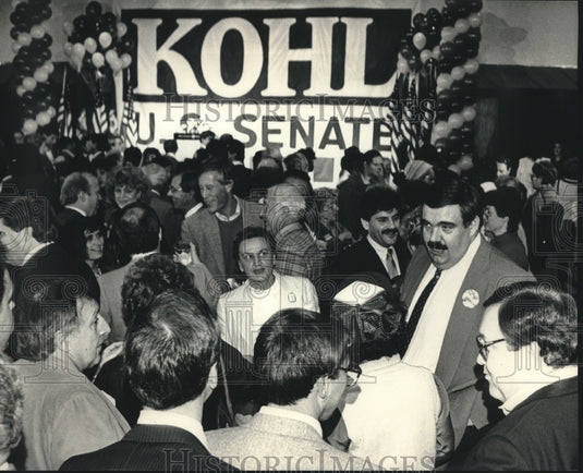 1988, Bob Dukiet, David Schulz, others celebrate Herb Kohl's victory. - Historic Images