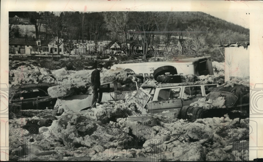 1964, Cars crushed by flash flood ice jam White River Junction - Historic Images