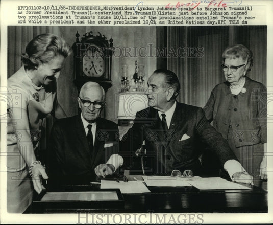 1968, Lyndon Johnson, Harry Truman and wives Independence Missouri - Historic Images
