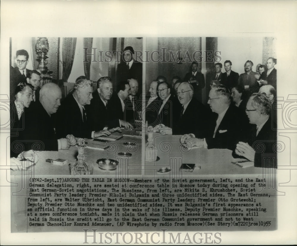 1955 Press Photo Russian government members &amp; East German delegation, confer - Historic Images
