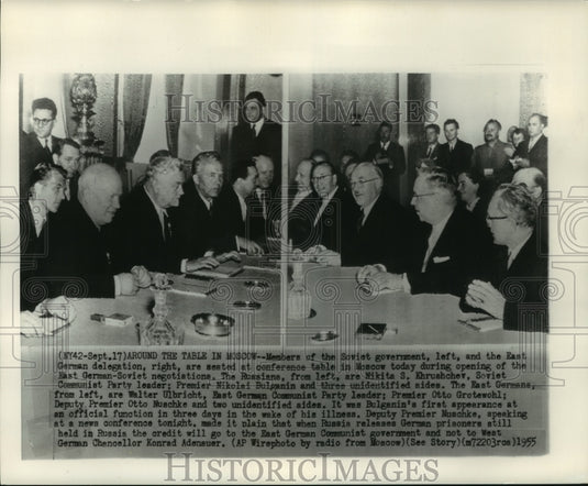 1955 Press Photo Russian government members & East German delegation, confer - Historic Images
