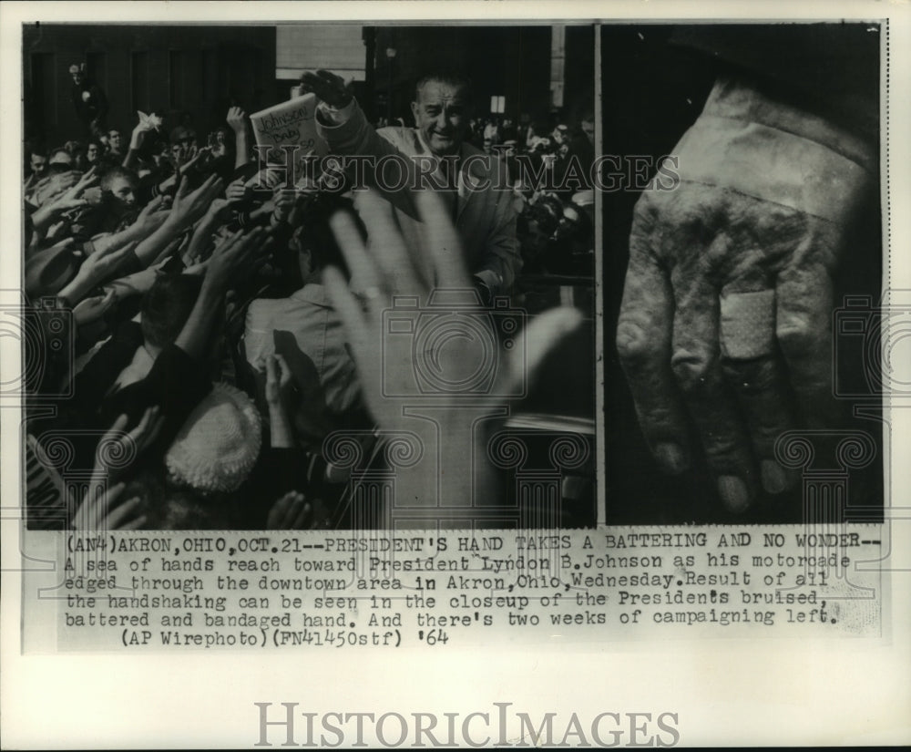 1964, President Lydon B. Johnson shakes hands in Akron, Ohio - Historic Images