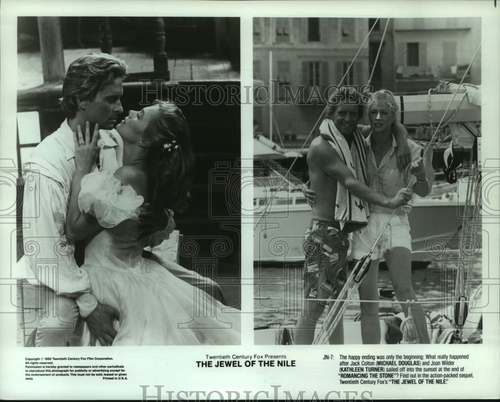 1985 Press Photo Michael Douglas & Kathleen Turner in "The Jewel Of The Nile" - Historic Images