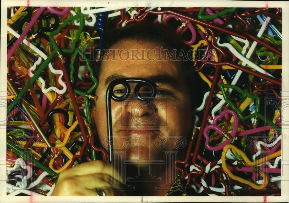 1992, Tom Killon & his invention - colorful, twisted pencils - Historic Images
