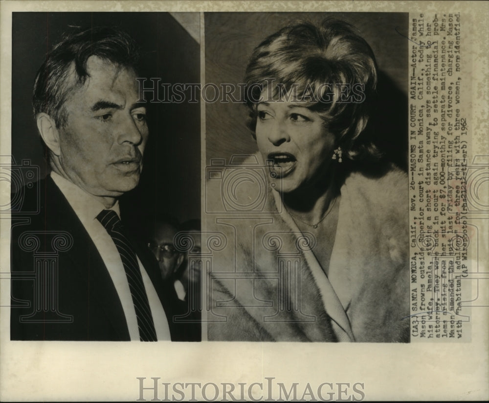 1962 Press Photo Actor James Mason frowns while wife Pamela speaks with attorney - Historic Images