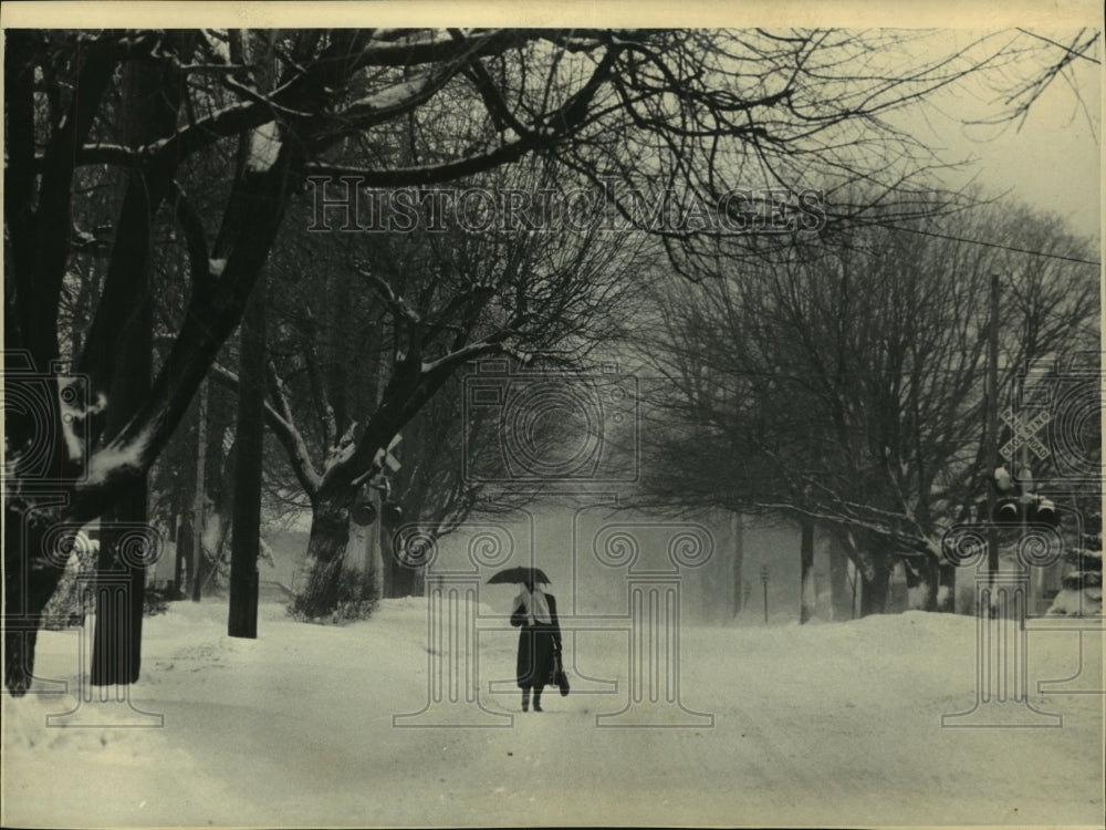 1985 Press Photo Lyn Young walking on snow covered street in Appleton, WI - Historic Images