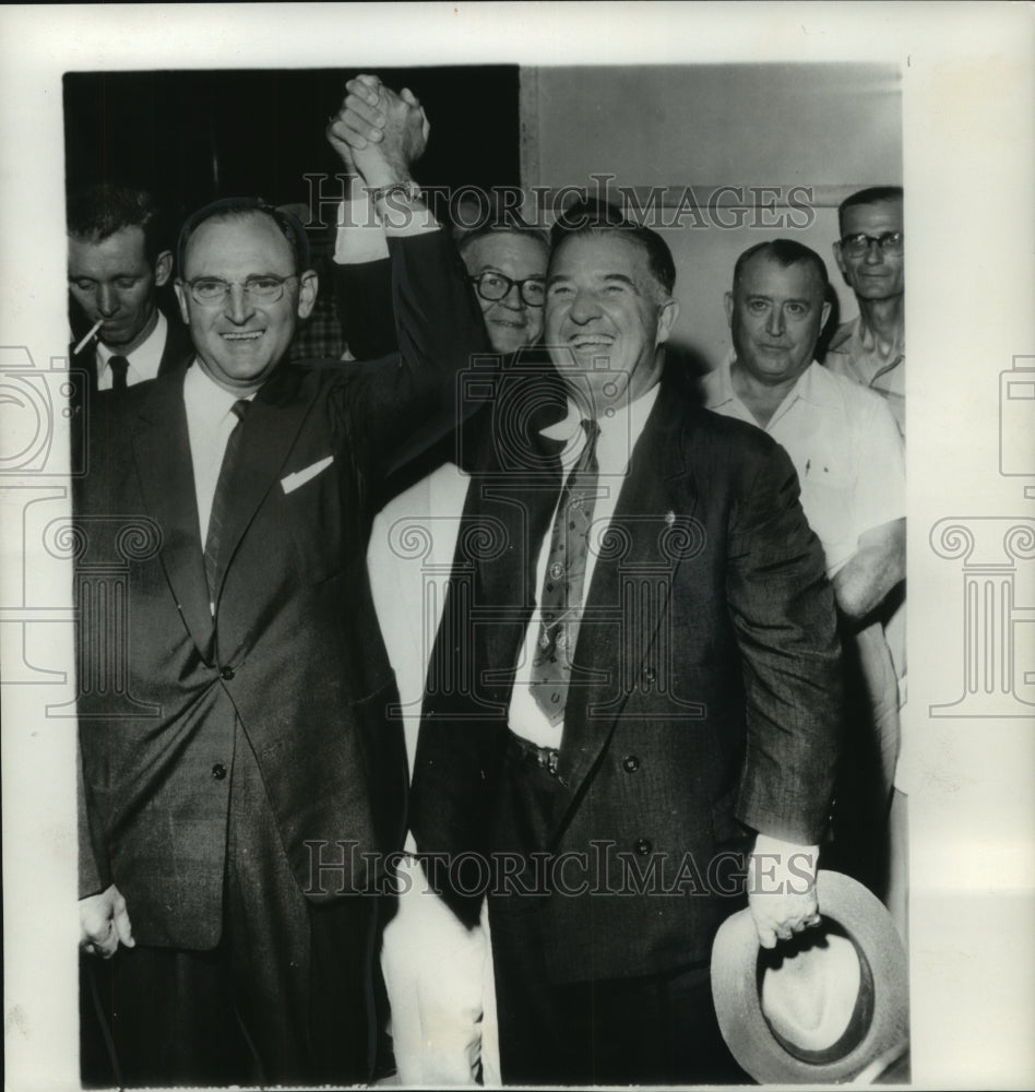 1955 Press Photo A.B. Happy Chandler And Harry Waterfield Join Hands in Kentucky - Historic Images