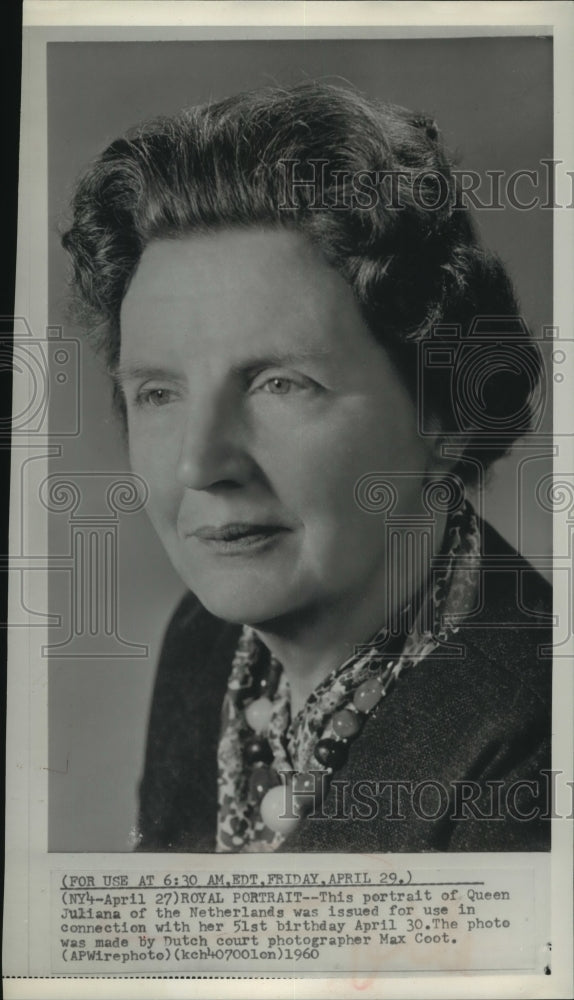 1960 Press Photo Portrait Of Netherlands Queen Juliana By Photographer Max Coot - Historic Images