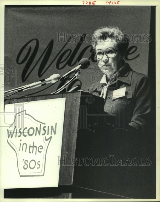 1979, Barbara Thompson talks from "Wisconsin In the 80's" podium - Historic Images