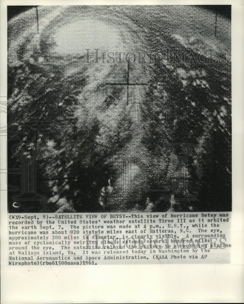 1961, Satellite view of hurricane Betsy near Hatteras, North Carolina - Historic Images