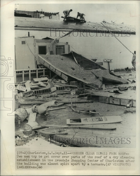 1960, Workmen Clear Debris From Roof After Tornado In Charleston S.C. - Historic Images