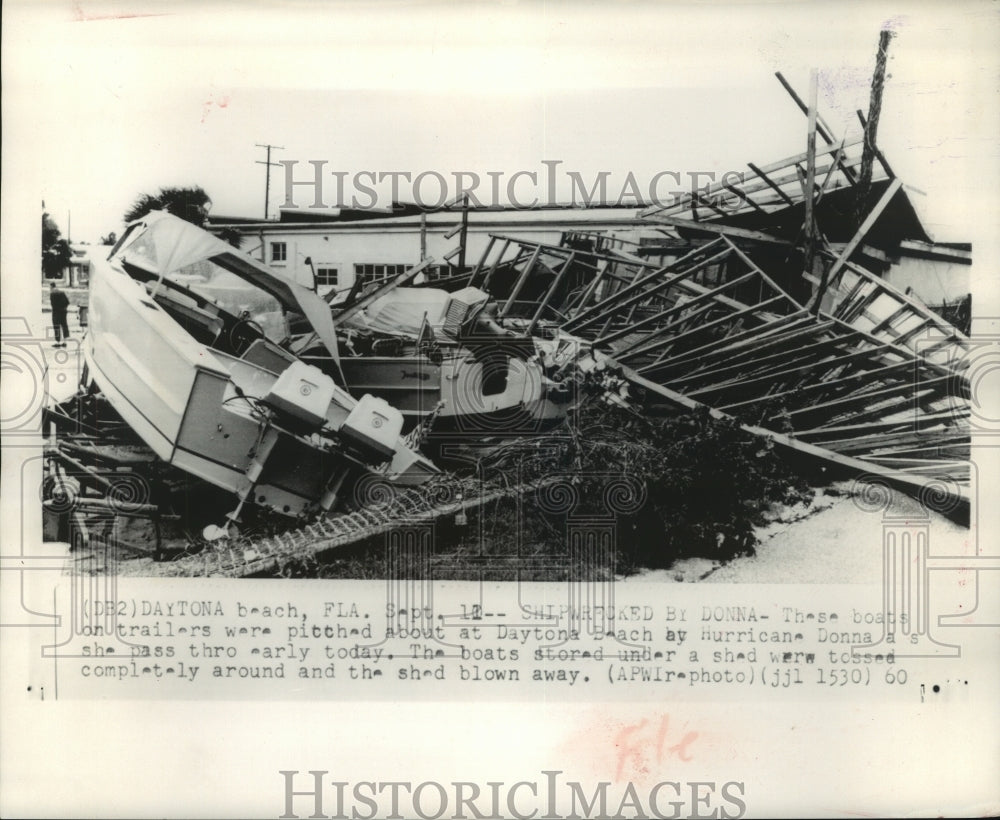 1960 Press Photo Boats damaged by Hurricane Donna in Daytona Beach, Florida - Historic Images