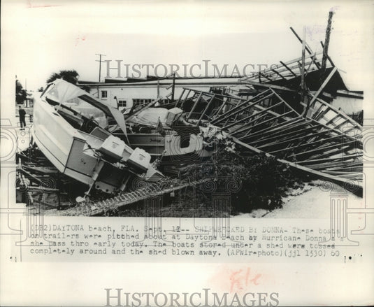 1960 Press Photo Boats damaged by Hurricane Donna in Daytona Beach, Florida - Historic Images
