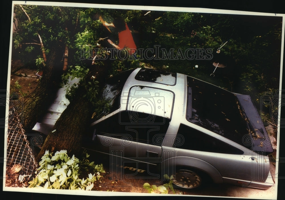 1993 Press Photo Car Damaged by High Winds of Storm in Milwaukee, Wisconsin - Historic Images