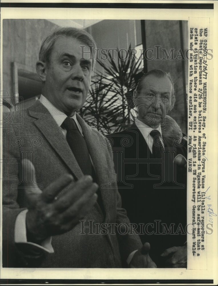 1977 Press Photo Cyrus Vance &amp; Kurt Waldheim at the State Department - Historic Images