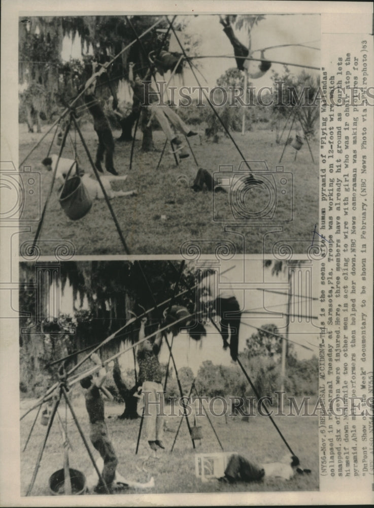 1963 Press Photo The Flying Wallendas fall during human pyramid on high wire- Historic Images