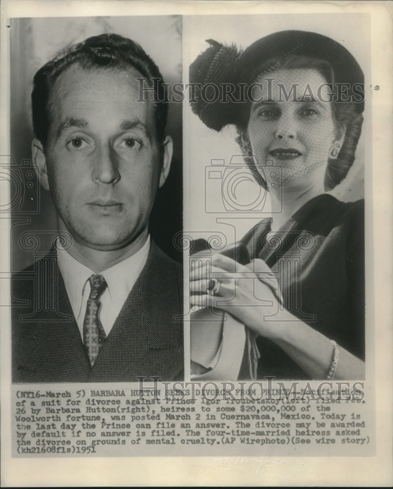 1951 Press Photo Heiress Barbara Hutton &amp; husband Prince Igor Troubetskoy - Historic Images