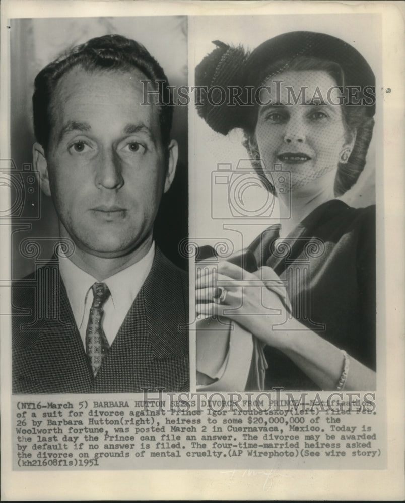1951 Press Photo Heiress Barbara Hutton & husband Prince Igor Troubetskoy - Historic Images