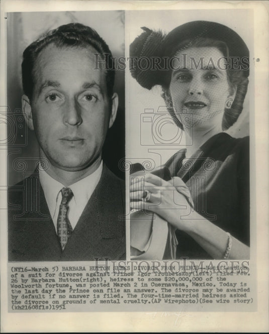 1951 Press Photo Heiress Barbara Hutton & husband Prince Igor Troubetskoy - Historic Images
