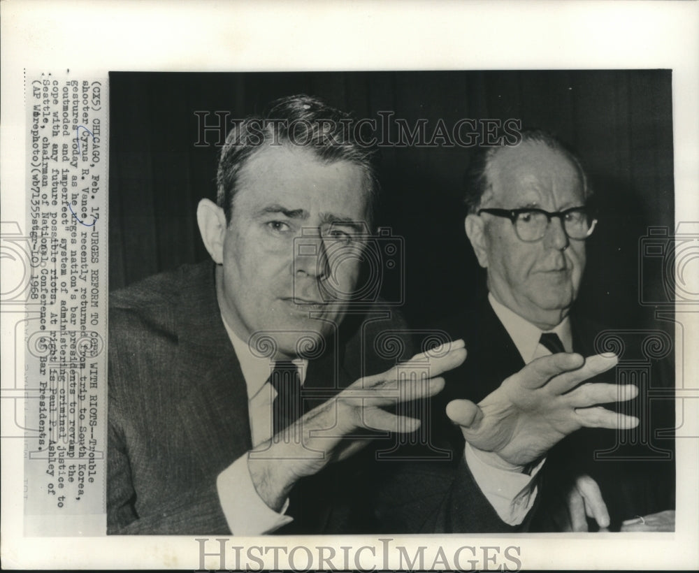 1968 Press Photo Cyrus Vance urges court system reform to cope with riots-Historic Images