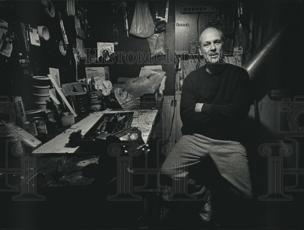 1992, Bob Ullrich, Milwaukee, in his workshop where he repairs items. - Historic Images