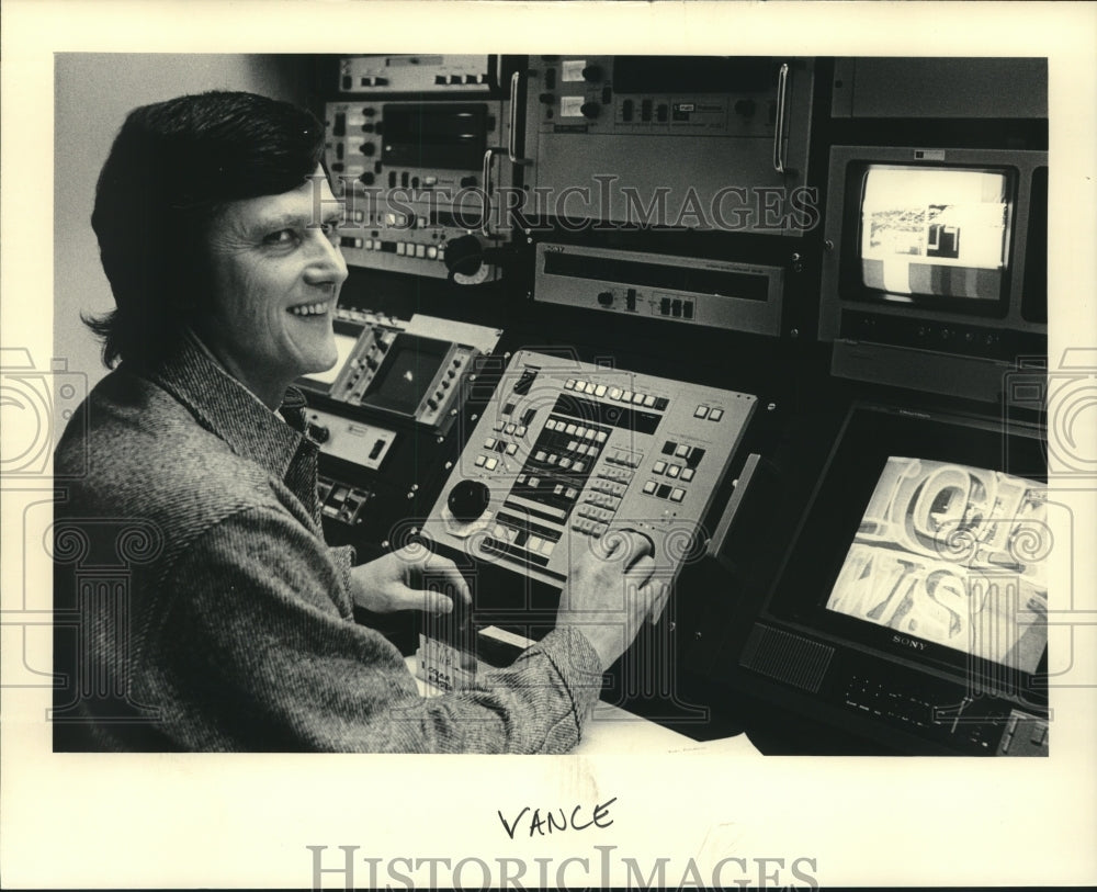 1984, Richard Vance working on video console at WISN-TV, Milwaukee. - Historic Images