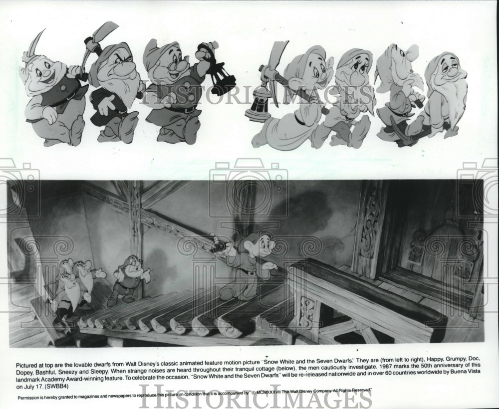 1987 Press Photo Seven Dwarfs From Animation &#39;Snow White And The Seven Dwarfs&#39; - Historic Images