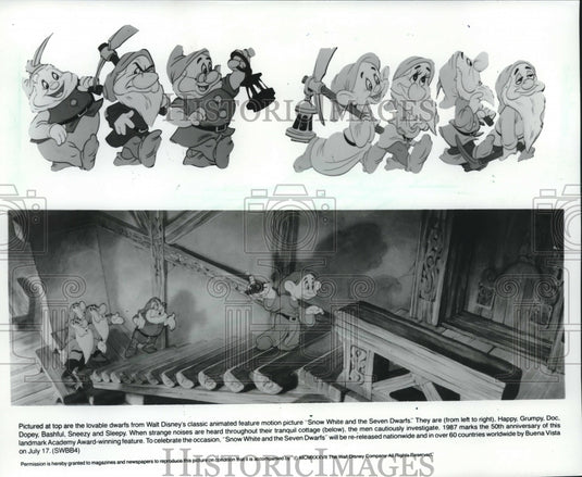 1987 Press Photo Seven Dwarfs From Animation 'Snow White And The Seven Dwarfs' - Historic Images