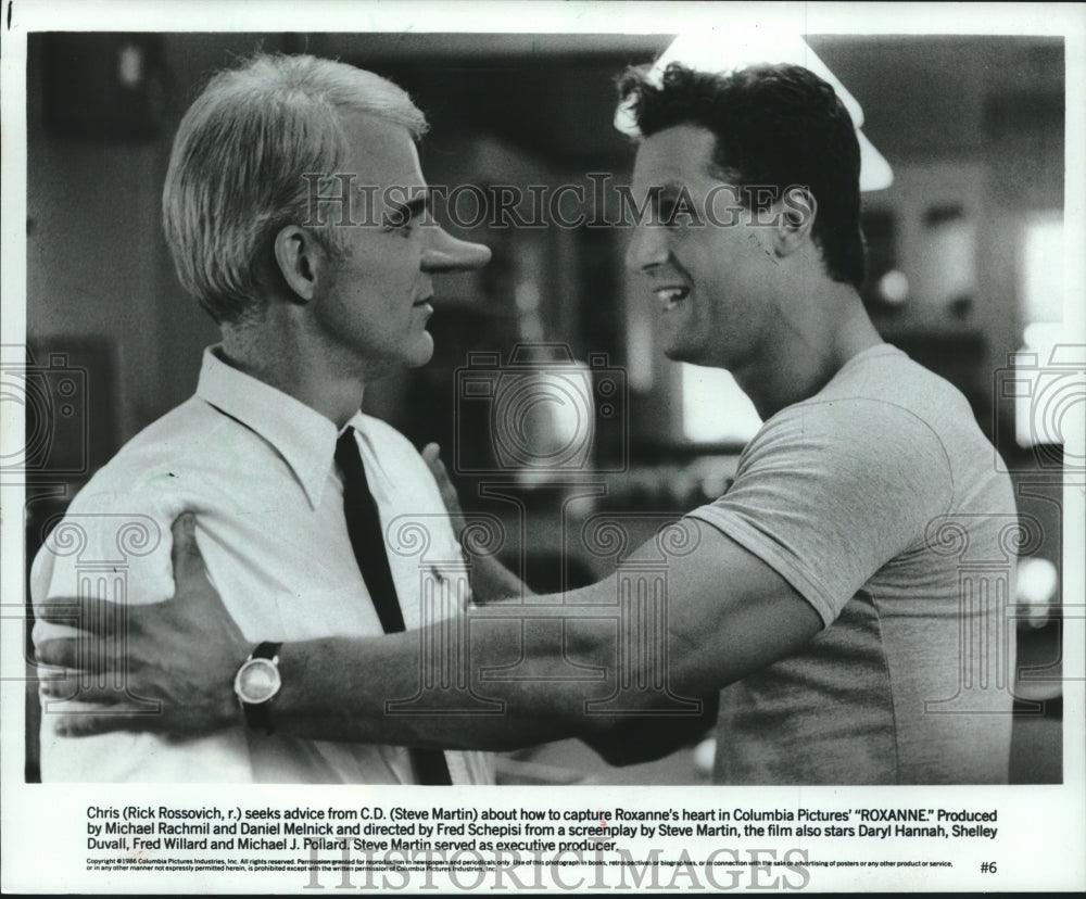 1986 Press Photo Steve Martin and Rick Rossovich in &quot;Roxanne&quot; - mjc23900 - Historic Images