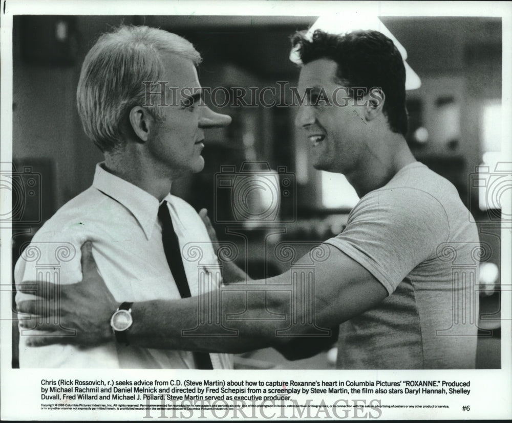 1986 Press Photo Steve Martin and Rick Rossovich in "Roxanne" - mjc23900 - Historic Images