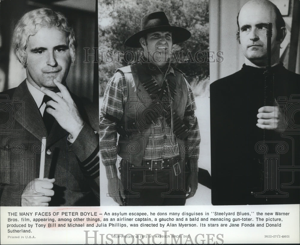 1972 Press Photo Many faces of actor Peter Boyle starring in &quot;Steelyard Blues.&quot; - Historic Images