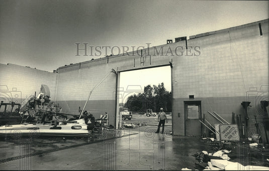 1987, Pewaukee Department of Power and Water's roof was blown off - Historic Images