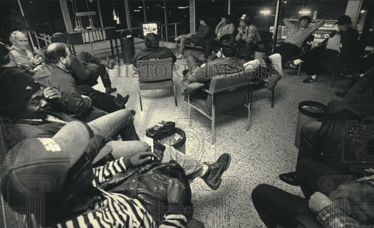 1987, Drivers wait at truck stop for roads to clear, Wisconsin - Historic Images